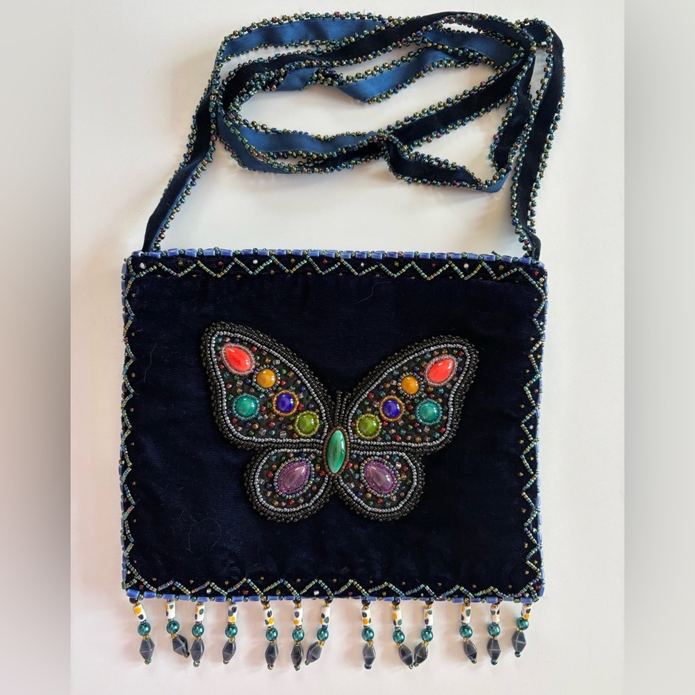 Beaded Butterfly Blue Velvet Crossbody Bag Evening Purse Festival Boho